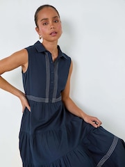 Roman Blue 100% Cotton Pocket Tiered Midi Dress - Image 5 of 5