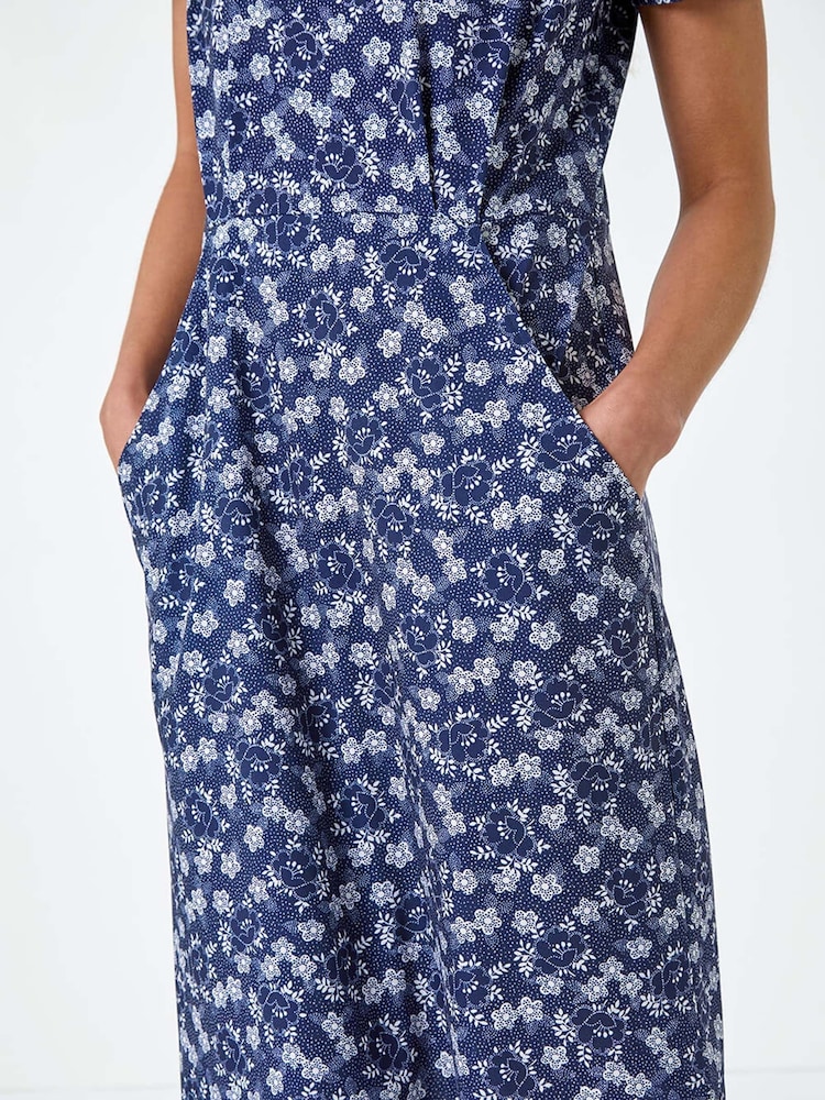 Roman Blue Ditsy Floral Pocket Stretch Dress - Image 5 of 5