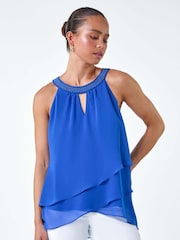 Roman Blue Sparkle Embellished Halter Neck Top - Image 1 of 5