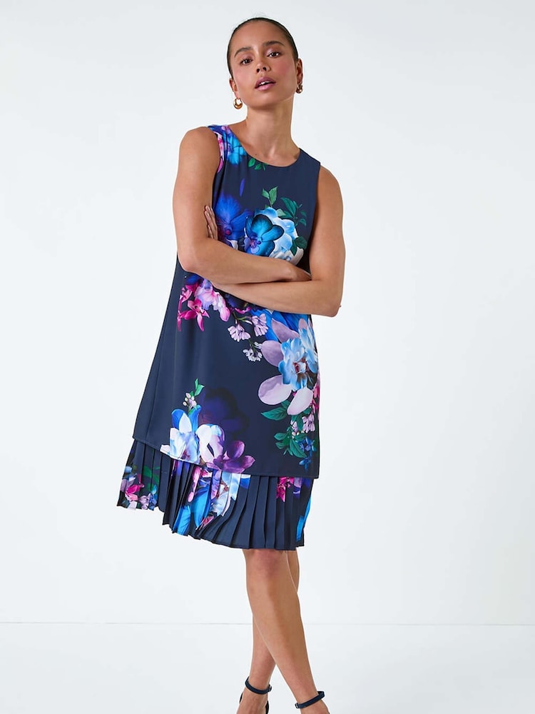 Roman Floral Print Pleated Hem Shift Dress - صورة 1 من 5