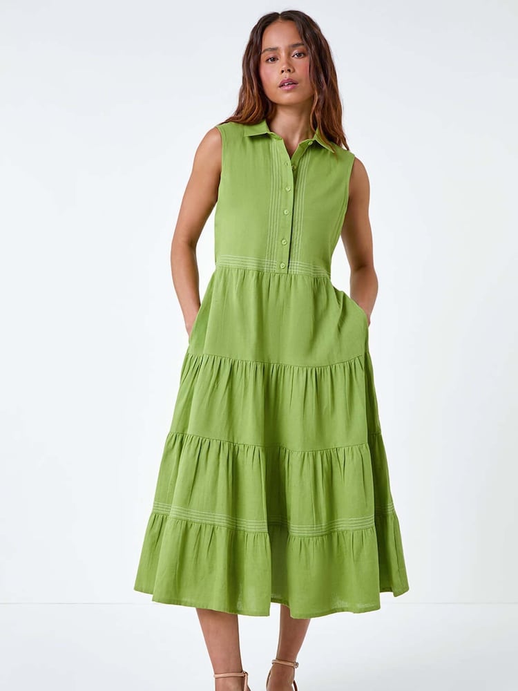 Roman Green 100% Cotton Pocket Tiered Midi Dress - Image 1 of 5