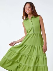 Roman Green 100% Cotton Pocket Tiered Midi Dress - Image 3 of 5