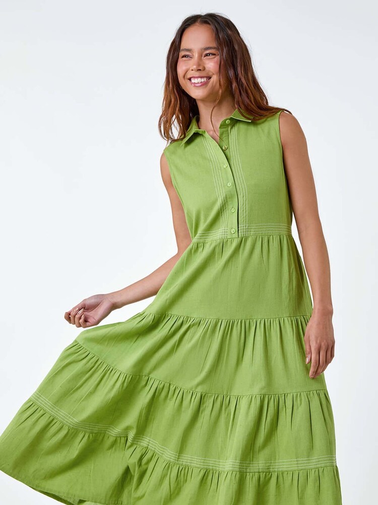 Roman Green 100% Cotton Pocket Tiered Midi Dress - Image 3 of 5