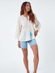 Roman White Embroidered 100% Cotton Smock Top - Image 3 of 5