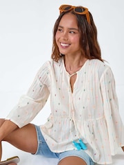 Roman White Embroidered 100% Cotton Smock Top - Image 4 of 5