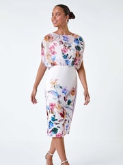Roman White Floral Chiffon Blouson Overlay Dress - Image 1 of 5