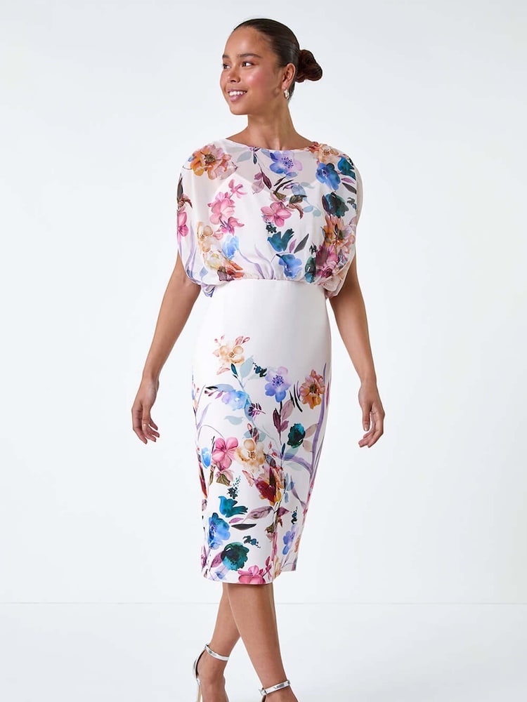 Roman White Floral Chiffon Blouson Overlay Dress - Image 1 of 5