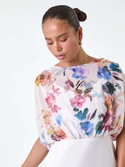 Roman White Floral Chiffon Blouson Overlay Dress - Image 4 of 5