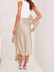 Lipsy Champagne Gold Satin Bias Cut Midi Skirt - Image 2 of 4