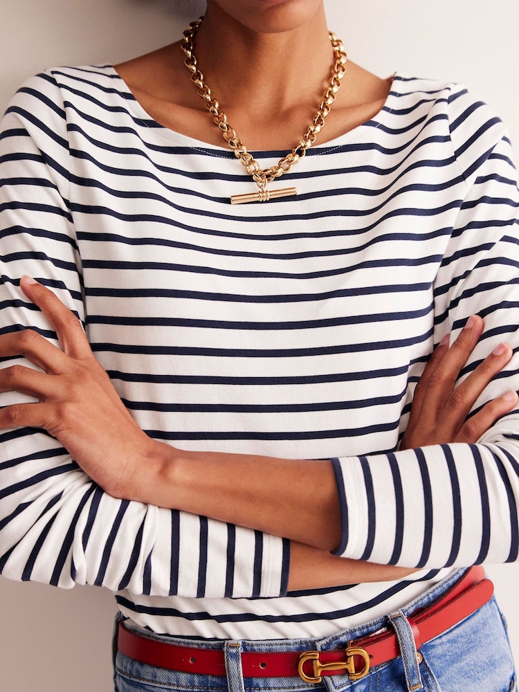 Boden Cream Ella Long Sleeve Breton 100% Cotton Top - Image 3 of 5