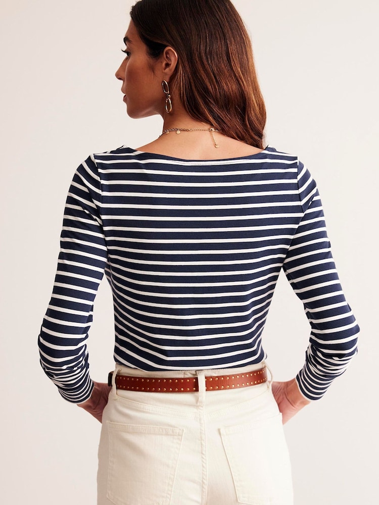 Boden Sky Blue Ella Long Sleeve Breton 100% Cotton Top - Image 2 of 5