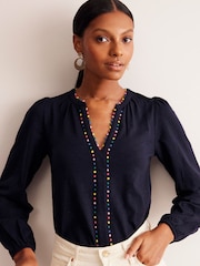 Boden Blue Ali Long Sleeve Pom 100% Cotton Top - Image 1 of 5