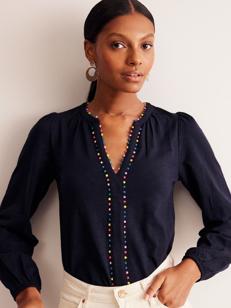 Boden Blue Ali Long Sleeve Pom 100% Cotton Top - Image 1 of 5