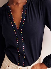 Boden Blue Ali Long Sleeve Pom 100% Cotton Top - Image 2 of 5