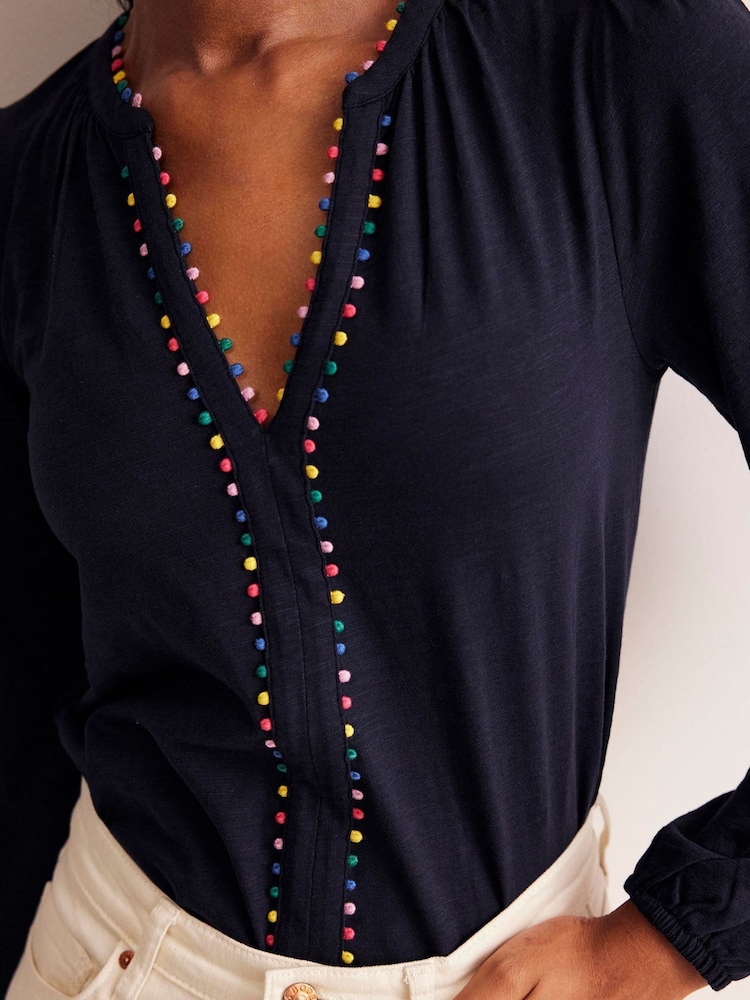 Boden Blue Ali Long Sleeve Pom 100% Cotton Top - Image 2 of 5