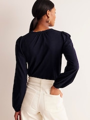 Boden Blue Ali Long Sleeve Pom 100% Cotton Top - Image 3 of 5