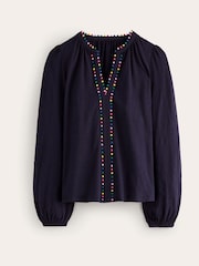 Boden Blue Ali Long Sleeve Pom 100% Cotton Top - Image 5 of 5
