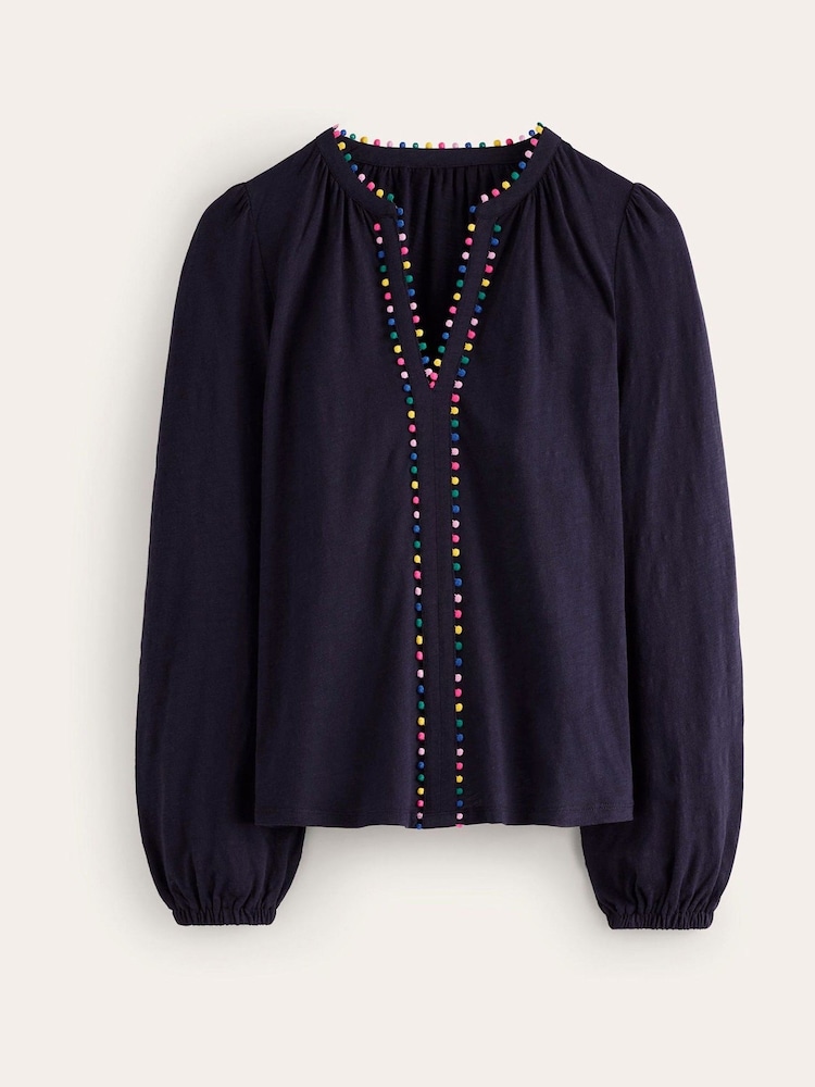 Boden Blue Ali Long Sleeve Pom 100% Cotton Top - Image 5 of 5