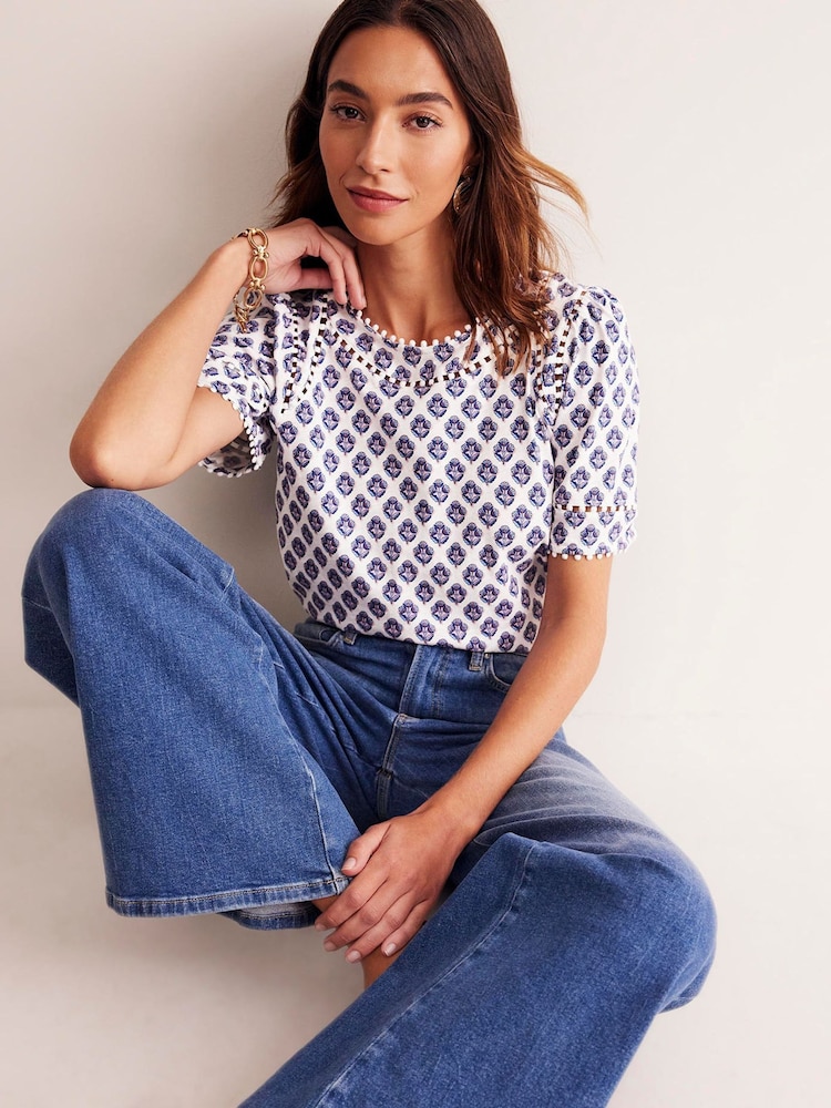 Boden Cream Mila Trim Detail 100% Cotton Top - Image 1 of 1 Boden Cream Mila Trim Detail 100% Cotton Top - Image 1 of 1