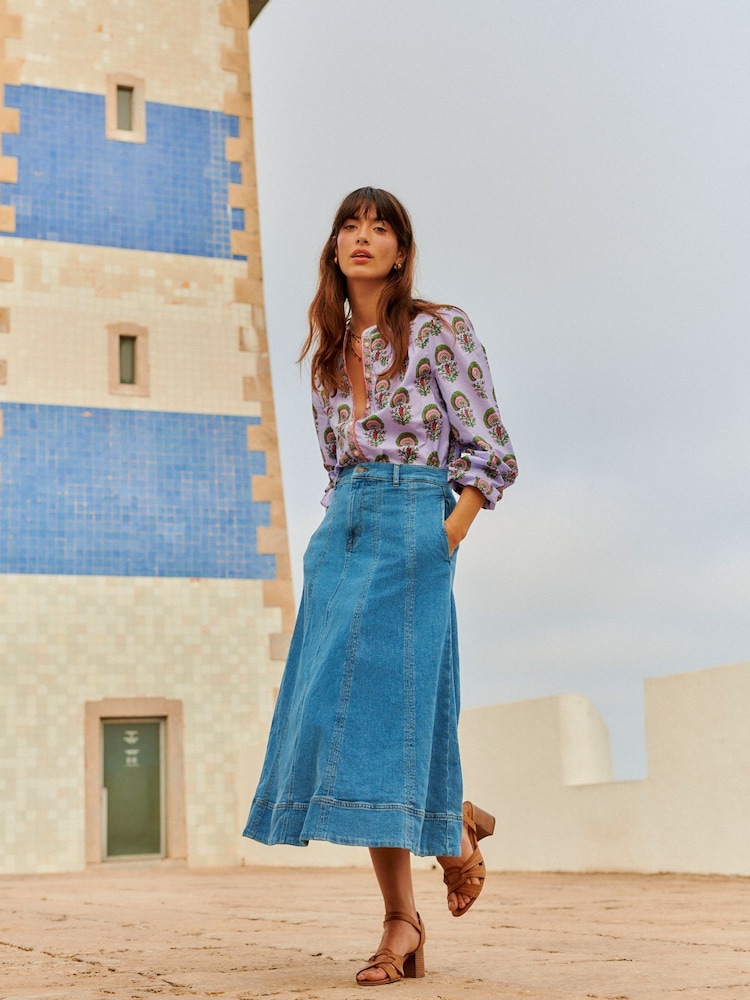 Boden Blue Panelled Full 100% Cotton Denim Skirt - Image 1 of 6