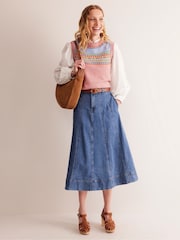Boden Blue Panelled Full 100% Cotton Denim Skirt - Image 4 of 6