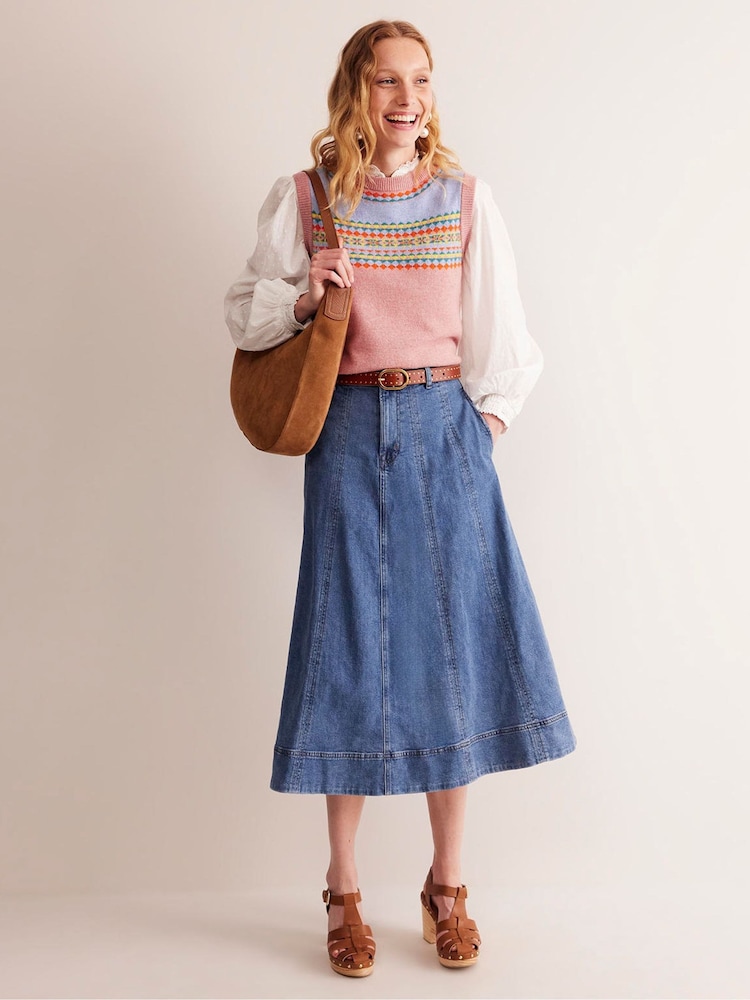 Boden Blue Panelled Full 100% Cotton Denim Skirt - Image 4 of 6