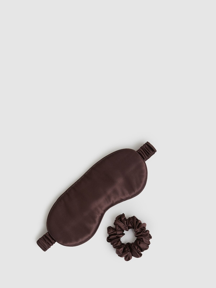 Reiss Chocolate Ellen Silk Eye Mask and Scrunchie Set - Image 1 of 4