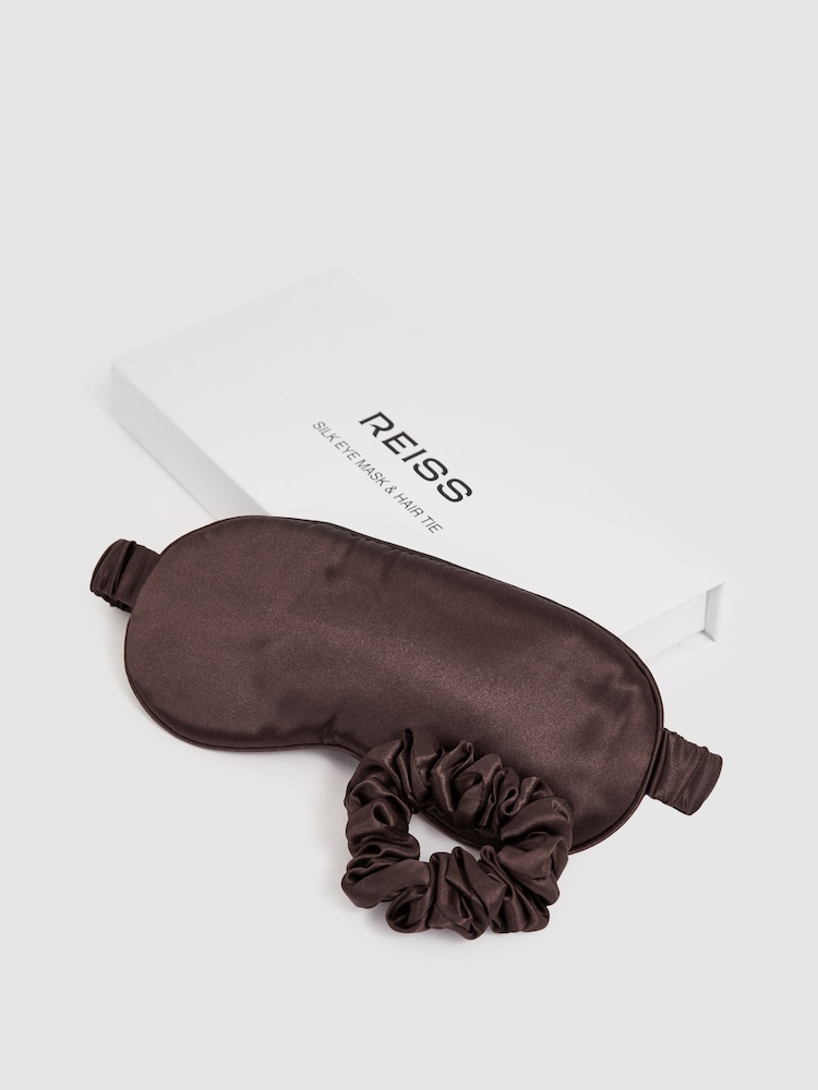 Reiss Chocolate Ellen Silk Eye Mask and Scrunchie Set - Image 4 of 4