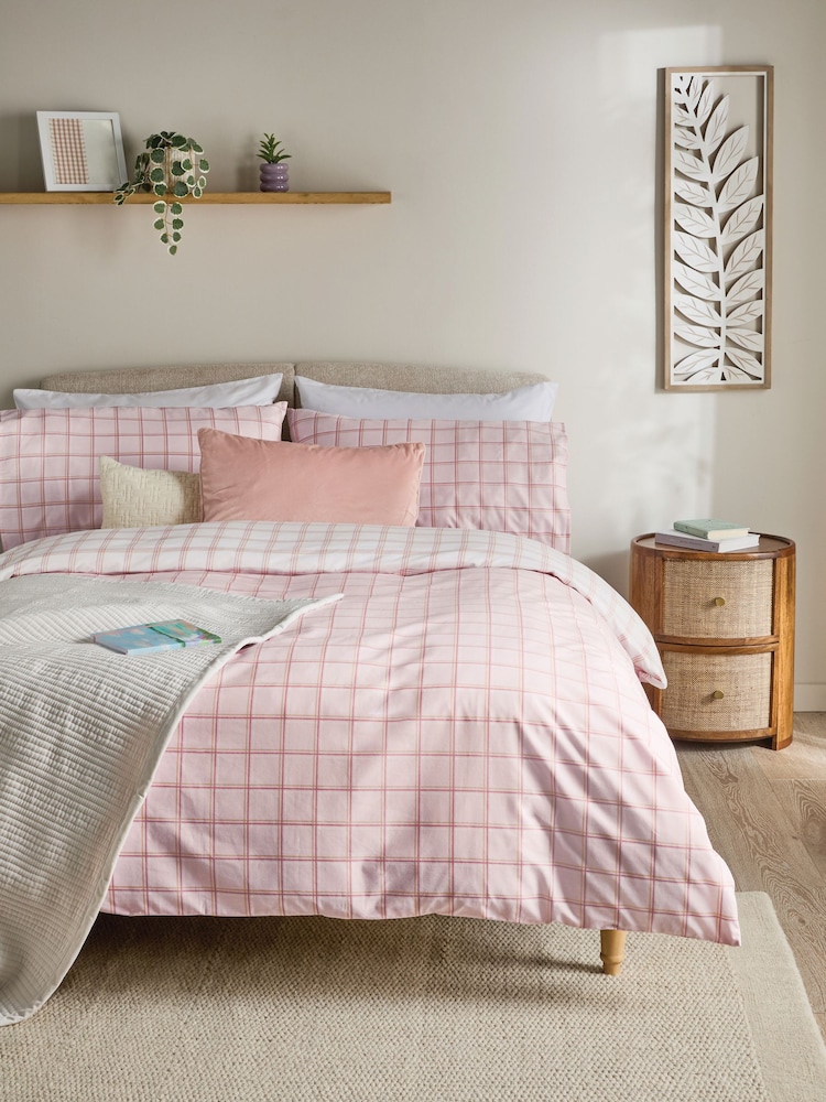 Pink Check Reversible Check Duvet Cover and Pillowcase Set - Image 1 of 7