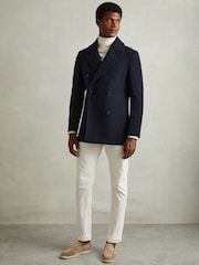Reiss Navy Herringbone Bergamo Wool Blend Double Breasted Peacoat - Image 1 of 6