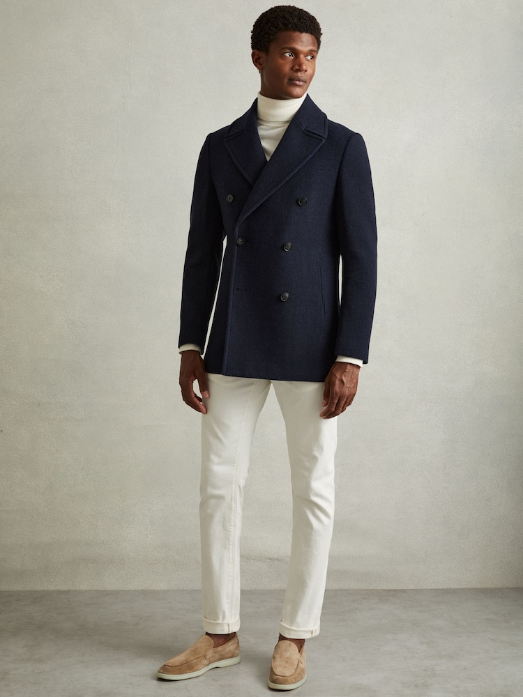 Reiss Navy Herringbone Bergamo Wool Blend Double Breasted Peacoat - Image 1 of 6