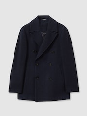 Reiss Navy Herringbone Bergamo Wool Blend Double Breasted Peacoat - Image 2 of 6