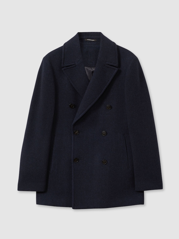 Reiss Navy Herringbone Bergamo Wool Blend Double Breasted Peacoat - Image 2 of 6