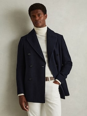 Reiss Navy Herringbone Bergamo Wool Blend Double Breasted Peacoat - Image 3 of 6