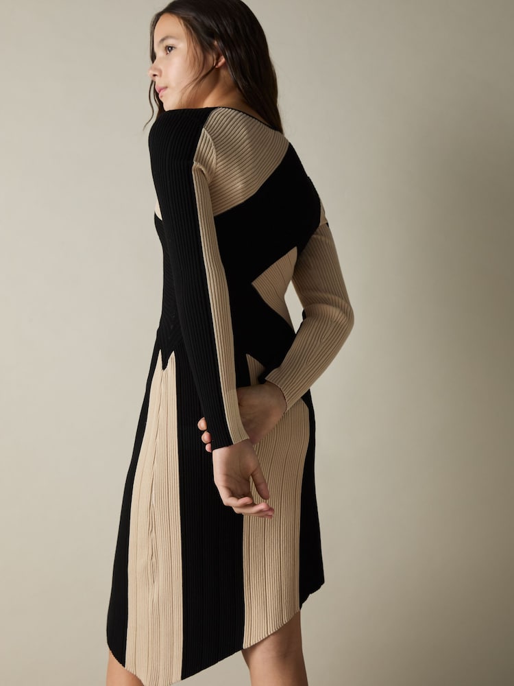 Reiss Black/Ecru Jem 9-13 yrs Knitted Colourblock Asymmetric Dress - Image 1 of 2