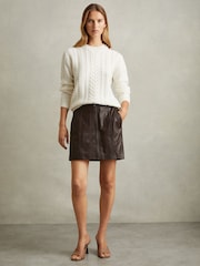 Reiss Burgundy Daria Leather Zip-Front Mini Skirt - Image 1 of 5