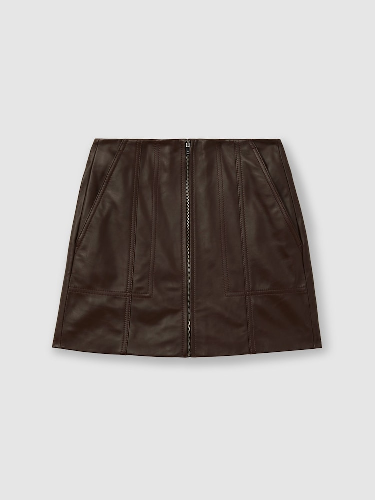 Reiss Burgundy Daria Leather Zip-Front Mini Skirt - Image 2 of 5