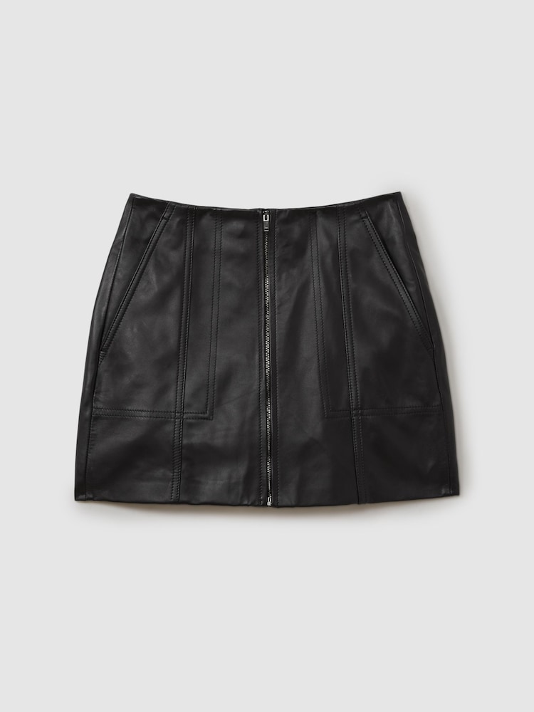 Reiss Black Daria Leather Zip-Front Mini Skirt - Image 2 of 5