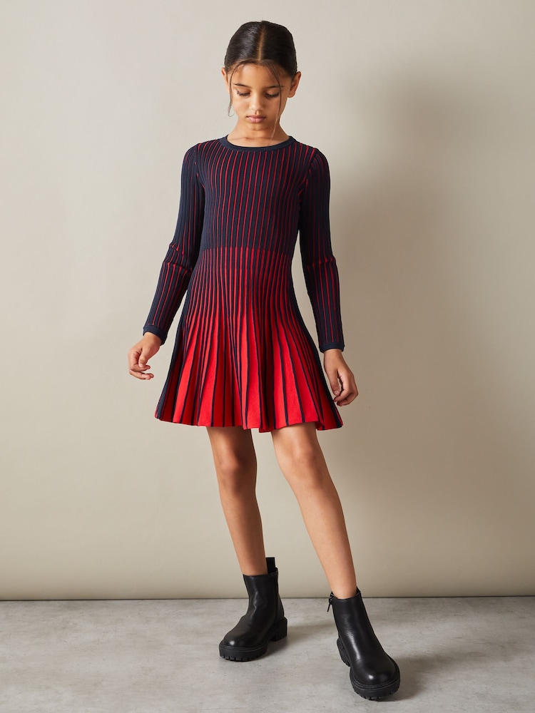 Reiss Navy Lou 4-9 yrs Pleated Contrast Skater Dress - Image 1 of 4