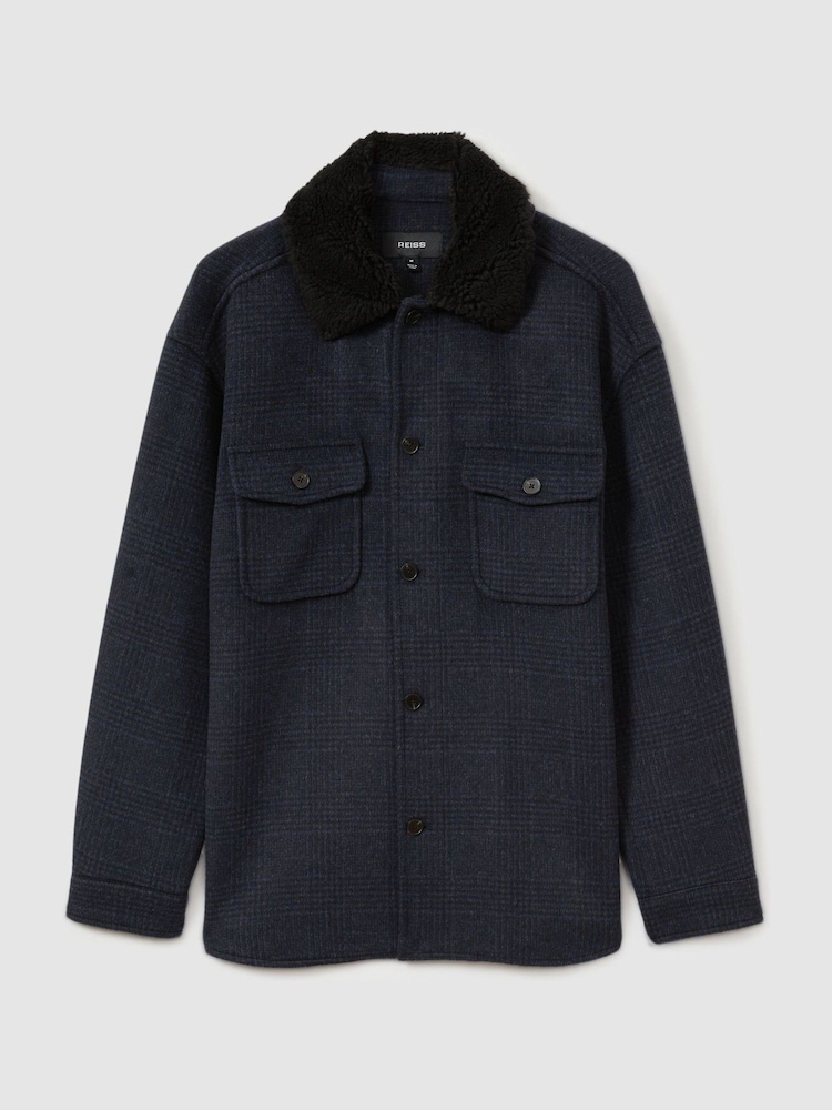 Reiss Navy Pernix Wool-Blend Fleece Collar Overshirt - Image 2 of 6