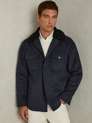 Reiss Navy Pernix Wool-Blend Fleece Collar Overshirt - Image 3 of 6