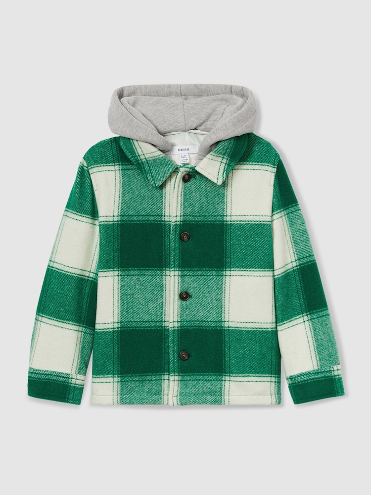 Reiss Green/Off White Mcfadden Wool-Blend Checked-Twill Overshirt - Image 1 of 1 Reiss Green/Off White Mcfadden Wool-Blend Checked-Twill Overshirt - Image 1 of 1