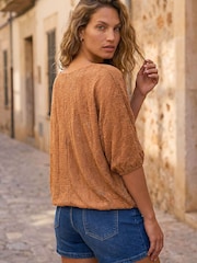 Roman Brown Mesh Bubble Hem Stretch Top - Image 2 of 4