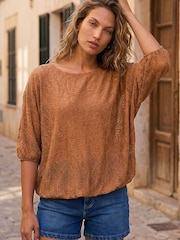 Roman Brown Mesh Bubble Hem Stretch Top - Image 3 of 4