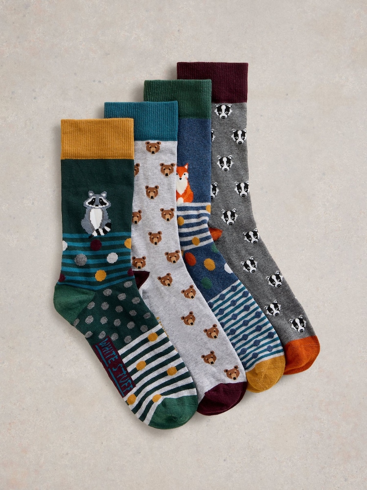 White Stuff Green Woodland Animals Socks 4 Pack - Image 1 of 4 White Stuff Green Woodland Animals Socks 4 Pack - Image 1 of 4