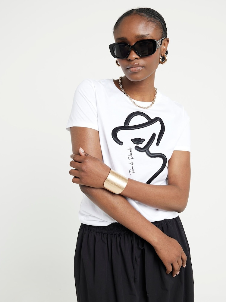 River Island White 100% Cotton Hat Appliqué Graphic T-Shirt - Image 1 of 4
