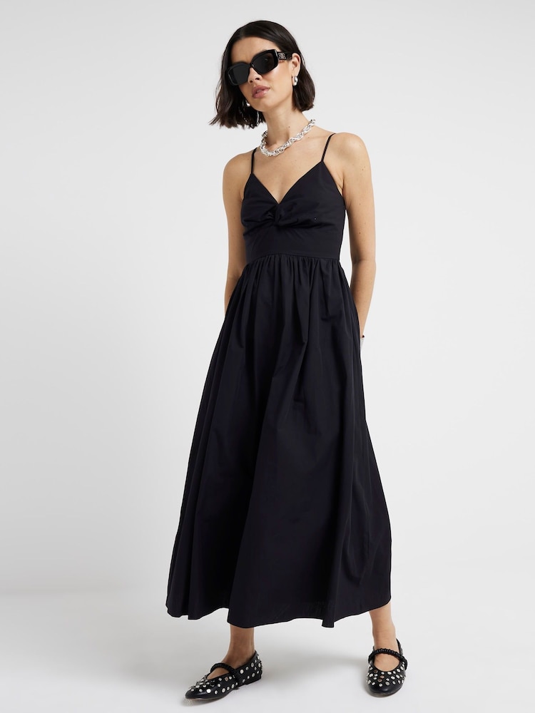 River Island Black 100% Cotton Twist Front Skater Midi Dress - Image 1 of 4