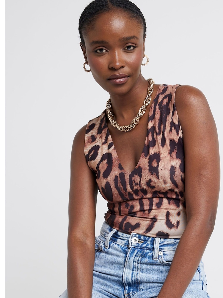 River Island Brown Leopard Print V-Neck Bodies - Image 2 of 4 River Island Brown Leopard Print V-Neck Bodies - Image 2 of 4