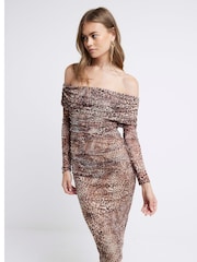 River Island Brown Bardot Mesh Midi Dress - Image 1 of 4