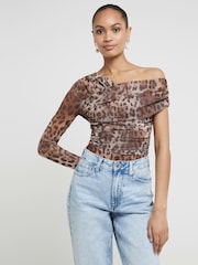 River Island Brown Leopard Print Mesh Asymmetric Bodies - Image 1 of 4